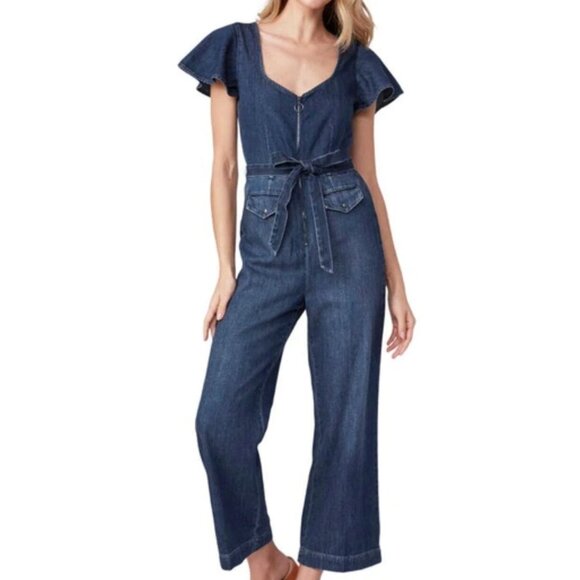 Paige Ria Short Flutter Flounce Sleeve Belted Lightweight Denim Jumpsuit S - Picture 1 of 12
